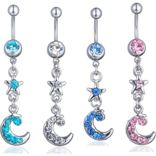 Fashion Sexy Colorful Zircon Moon Star Tassels Belly Rings for Women Body Piecing Jewelry