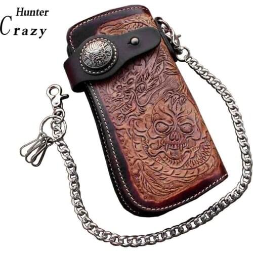Dragon Skull Motorcylce Biker Cow Leather Card Holder Handmade Wallet With Chain