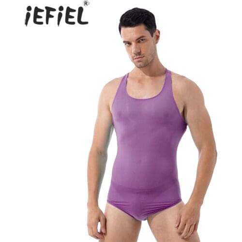 Men Sleeveless See-through Mesh Lingerie Bodysuit Workout Fitness Bulge Pouch Jumpsuit Stretchy Wrestling Singlet Teddies
