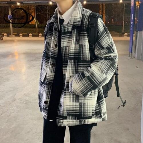 M-3xl Mens Wool Coats Winter Male Blends Jackets Turn-Down Collar Single Breasted Plaid Thicken Outerwear Top Clothes Hy95