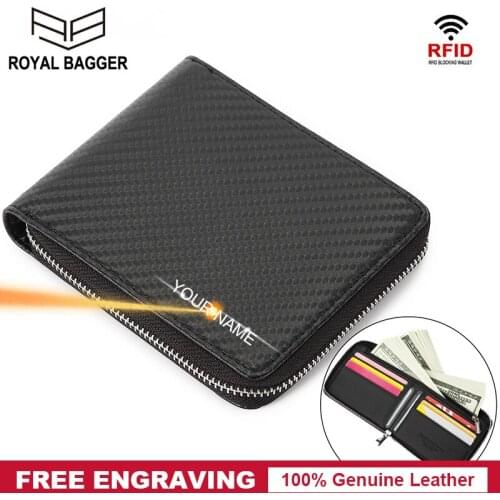 Royal Bagger RFID Blocking Zipper Wallet for Man Woven Carbon Fiber Real Genuine Cow Leather Short Wallets Men Business Fashion