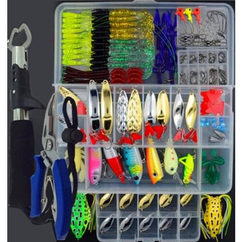 207Pcs Fishing Tackle Set Lures & Accessories Mixed Hard Bait Soft Lure Plier Grip Kit Artificial Bait Frog Spoon Top Water A349