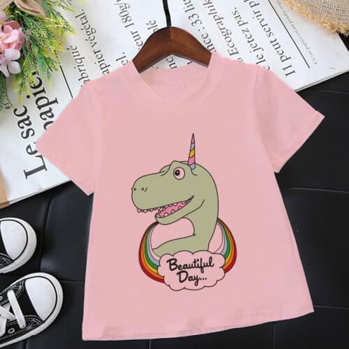 New Funny Dinosaur Rainbow Beautiful Day Boys T Shirts Round Neck T Shirt For Girls Kawaii Girl Clothes Summer Baby Tee Casual