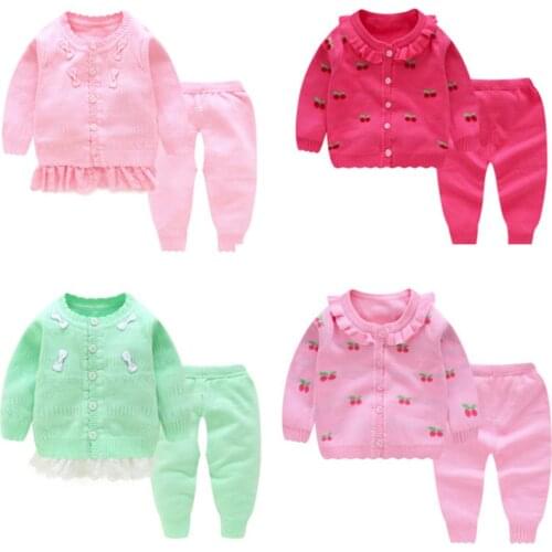 Baby autumn winter clothes sets Lace Cherry Print Cardigan for infant girls kids warm suit Jacket+pants knits children sweaters