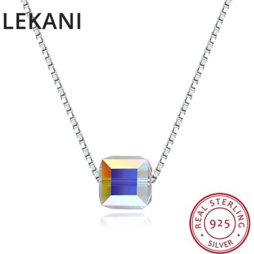 LEKANI Real S925 Silver Fine Jewelry Cube Beads Crystals From SWAROVSKI Pendants Necklaces Simple Fashion Collares For Women