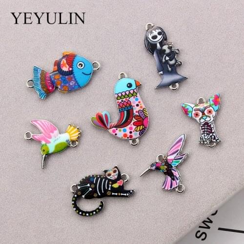 10Pcs Cute Cartoon Animal Enamel Alloy Connectors Necklace Pendant For Handmade Jewelry Gift Cat Fish Owl Multi-Shape