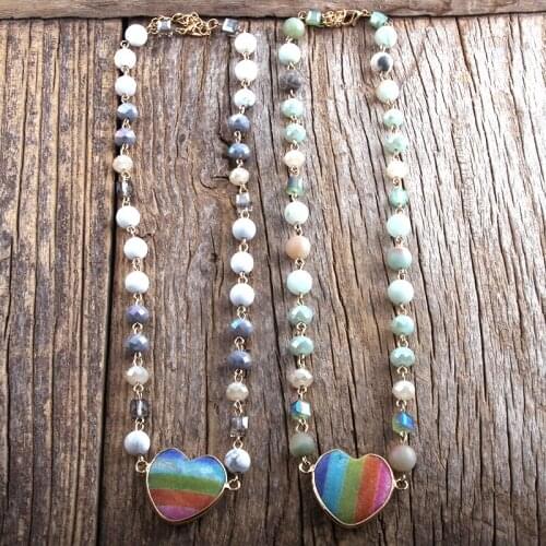 RH Fashion Bohemian Tribal Jewelry Glass & Stones Rosary Chain Natural Stone Heart Pendant Necklaces For Women Gift Jewelry