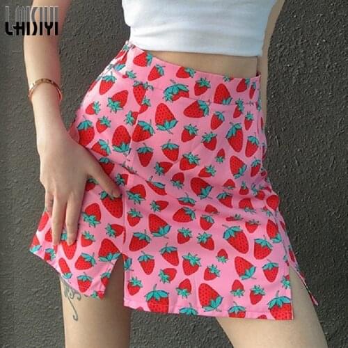 LAISIYI Sexy Side Split Mini High Waist Strawberries Skirt 2020 Summer Women Fashion Slim Skinny Pink Chic Female Skirts Street