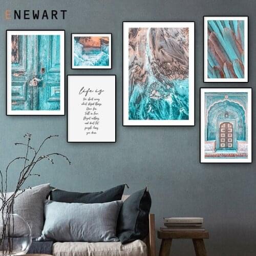 Blue Islamic Architecture Gate Canvas Poster Feather Beach Inspirational Phrase Print Picture Decor for Living Room Wall Art