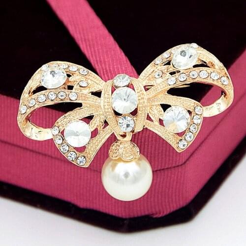 Utei Brooch Fantastic Pretty Pearl Dangle Wedding Bridal Bouquet Brooch Sparklinig Diamante Jewelry Gold Color Bow Scarf Pin