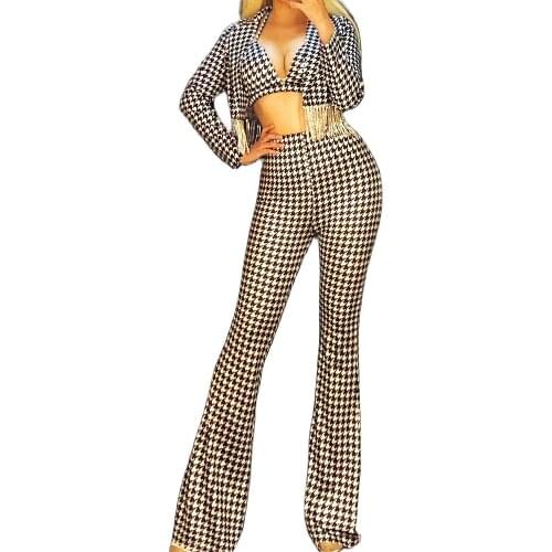 Houndstooth Pants Suits Long Sleeve Fringes Coat Personality Performance Costume Workwear Trousers Women Party Evening Costume