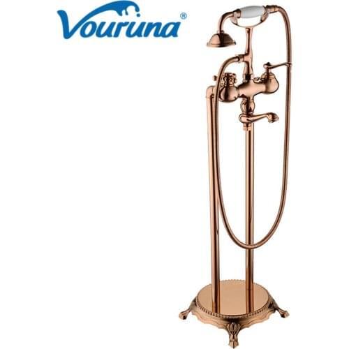 VOURUNA Luxury Rose Golden Free Standing Bathtub Faucet Floor Mounted Bath Filler Mixer Taps
