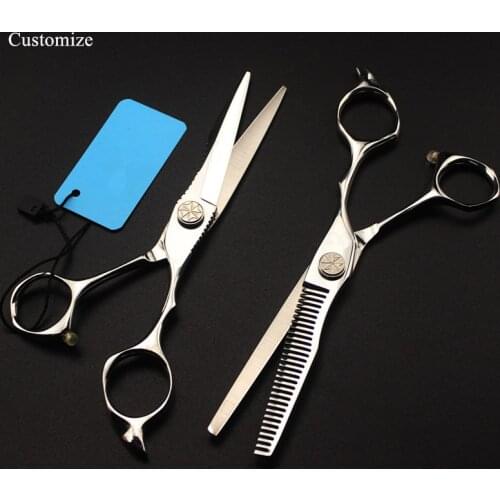 Customize logo japan 440c steel 6'' flower handle hair salon scissors cutting barber makas Thinning shears hairdressing scissors