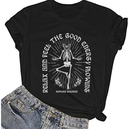 Female Skeleton Yoga T Shirt Cute Graphic Funny T Shirts Women Casual Short Sleeve Meditation T-shirt Vintage Halloween Top Tees