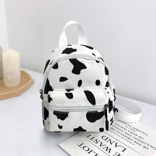 Women Canvas Schoolbag Comfortable Leisure Chic Fashionable Teenage Girl Shoulder Bag Cow Milk Print Small Backpack