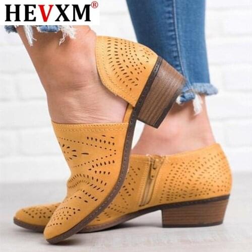 HEVXM 2020 Fashion Women Boots Spring Summer Block Low Heel Ladies Booties PU Leather Hollow Out Ankle Platform shoes