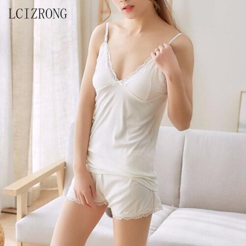 Sexy Camisole Pajamas Set Women Simple Lace V-neck Tops Shorts Solid Adjustable Spaghetti Strap Nightgown Two Pieces Set Woman