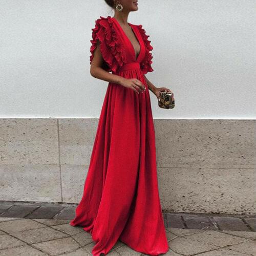 Sexy Women Deep V Neck Ruffles Boho Maxi Club Red Dress Bandage Long Dress Party Bridesmaids Infinity Robe Longue Femme