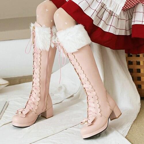 Winter Student Comfortable Non Slip PU Zipper Cute Princess Boots Cosplay Warm Solid Color Long Square Toe Womens Shoes