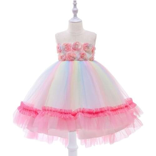 2021 Flower Girl Dresses Kids Clothes Girls Summer Cocktail Dresses Sweet Flowers Fairy Dress Child Trailing Rainbow Dress