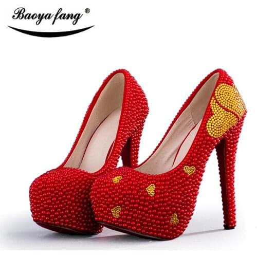 BaoYaFang red Pearl beads gold heart crystal Wedding shoes womens Luxury Handmade party dress shoes fashion platform shoes