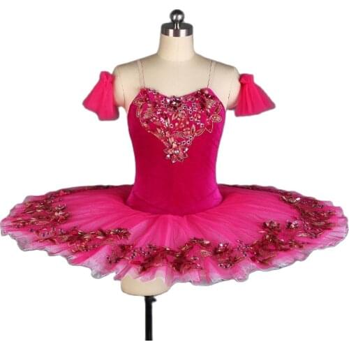 All For Dance New Rose Red Velet Bodice With Red Trim Hand Cuff Pre-professional Pancake Tutu Ballerina Dance Dress