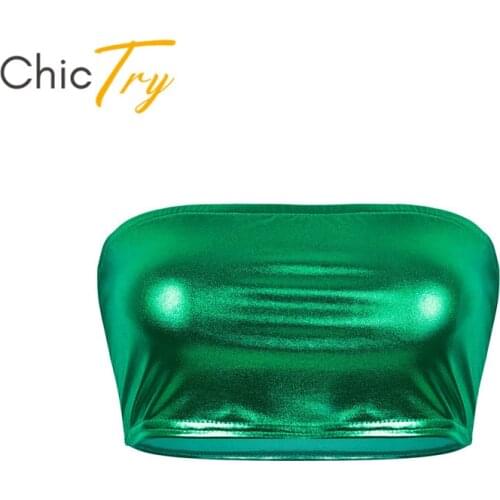 ChicTry Women Shiny Metallic Club Party Stage Pole Dance Costume Strapless Dance Tube Tops No-Padded Bra Bandeau Sexy Crop Tops