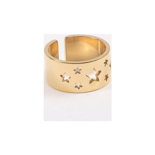 Luxury Brand 14K Golden Color Punk Hollow Stars Large Regular Full Finger Rings Women Lady Simple Stainess Steel Fantasy Jewels