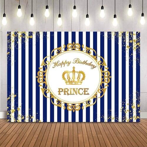 Blue and White Stripes Gold Glitter Dots Backdrop for Photography Happy Birthday Party Decoration Supplies Crown Golden Photo