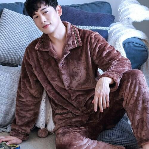 H5918 Men Pajamas Set Autumn Winter Thickened Flannel Long Sleeve Lapel Sleepwear Male Large Size Coral Velvet Home Clothes Suit