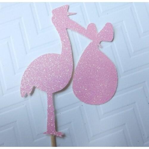 Custom color glitter Stork Cupcake Toppers baby showerParty Supplies- Birthday Party Decor food picks cake decorations