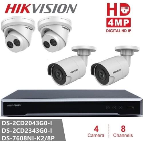 Hikvision IP Camera Kits NVR DS-7608NI-K2/8P 8CH 8POE H.265 2SATA + Dome / Bullet 4MP IP Camera CCTV Kits for Home/Office Safety