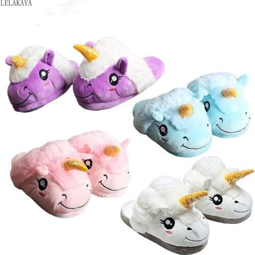 Creative Plush Women Slippers Cartoon Kids Animal Indoor Soft Stuffed Unicorn Winter Keep Warm with LED Light Non-slip Flip Flop