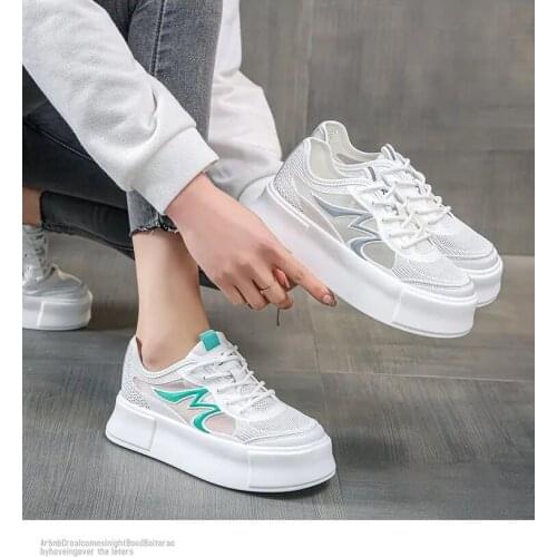 Summer Womens Casual Shoes Mesh Thick Soled Lace Up Hollow Sports Shoes Breathable Anti Slip Fashion Casual Shoes Grey Green