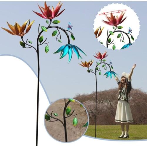 Metal Wind Spinner With Three Spin Flowers And Butterflies Windmill Rotating Garden Lawn Party Decor Ornaments