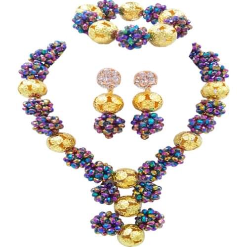 Multicolor Plated African Beads Jewelry Set Crystal Ball Beaded Necklace Bracelet Earrings Sets 1SJQ07