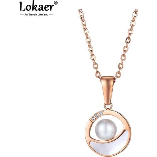 Lokaer Trendy Stainless Steel White Pearl Pendant Necklace Rose Gold CZ Crystal Charm Choker Necklace For Women Girls N17093