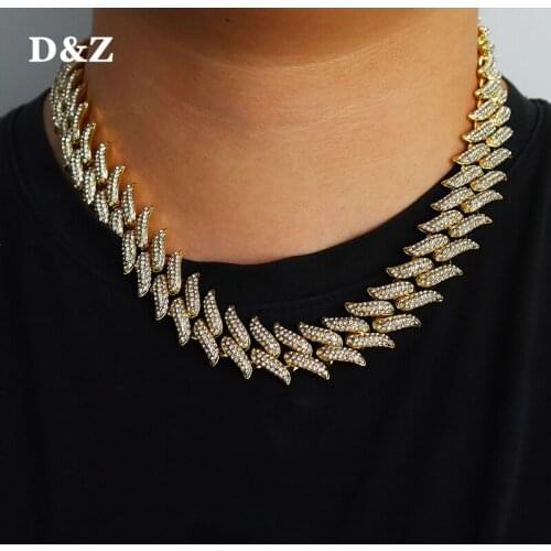 D&Z Hip Hop Bling Iced Out Full Rhinestone Mens Thorns Necklace Gold Prong Cuban Link Chain Bracelet Necklace for Men Jewelry