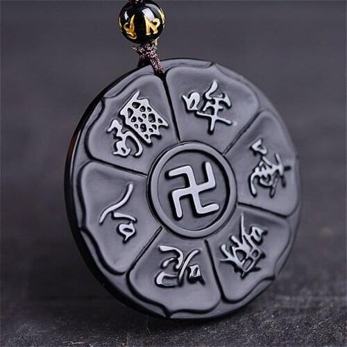 Natural Black Obsidian Buddhist Incantations Pendant Beads Necklace Fashion Charm Jewellery Carved Amulet Gifts for Women Men