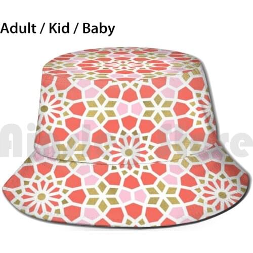 Persian Mosaic – Coral & Gold Palette Sun Hat 860 Bucket Hat Persian Persia Tile Mosaic Pattern