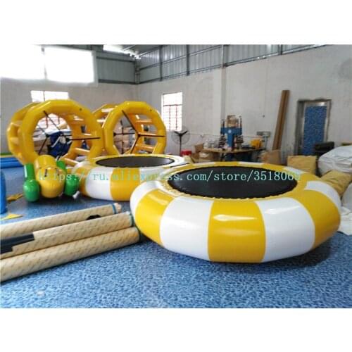 Selling 3 meters PVC yellow and white inflatable water trampoline, inflatable bounce bed, with free air pump