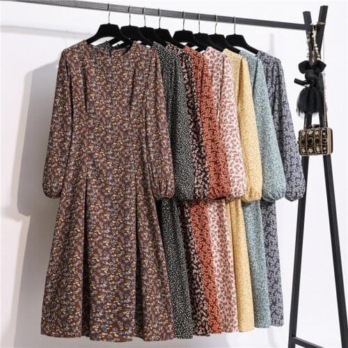 2020 New Floral Printed Chiffon Dresses Womens Autumn Long-sleeved O-Neck High Waist Slim Long Dress Vintage Vestidos