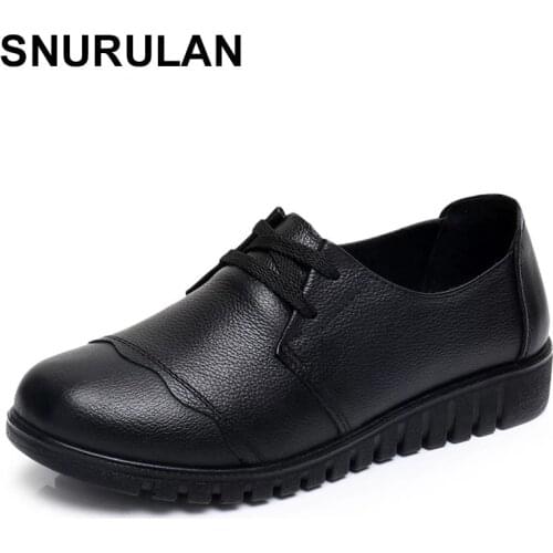 SNURULAN Spring Autumn Soft bottom laces Fashion Loafers Genuine Leather Single Shoes Soft Casual Flat Shoes Women Flats mother