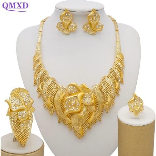Bridal Jewelry Sets Gold Color Trendy Necklace Earrings Bracelet Set For Women Dubai Jewelry Set