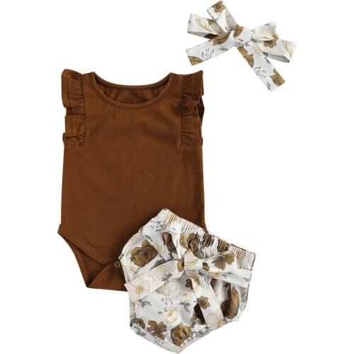 Infant Baby Girl Tops, Floral Pants Suit, Round Neck Ruffle Sleeveless Bodysuits Shirt, Loose Summer Shorts, Bow Headband