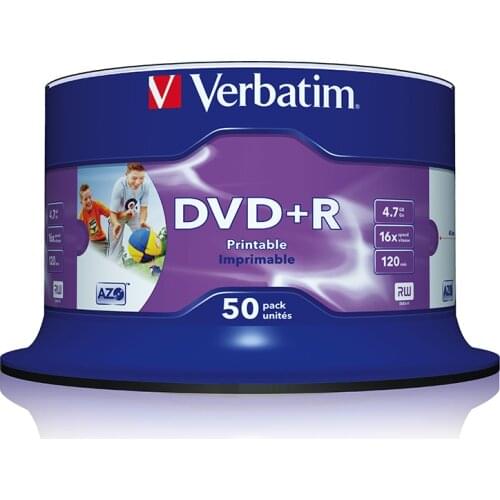 Verbatim DVD+R 4.7GB 16X 50PK Spindle White Inkjet Printable Recordable Disc Blank Compact Write DVD 43512