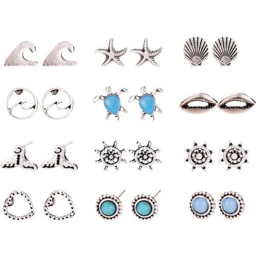 HOCOLE Vintage Geometric Stud Earrings Set For Women BohemianTurtle shell starfish Small Earrings Femme Brincos Fashion Jewelry
