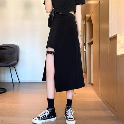 Ruibbit Spring Autumn New Punk Gothic Harajuku Black Skirt Fashion Loose Female Long Skirt Bandage Half-length Skirt 4XL