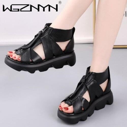 2020 Summer Brand Genuine PU Leather Flat Platform Sandals for Women Hollow Out Mixed Colors Breathable Peep Toe Ladies Sandals