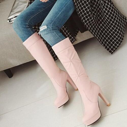 Womens Mid Calf Boots Round Toe Platform Woman Shoes 2021 Fashion Pu Leather Botas For Female Designer Women Shoes Big Size 43